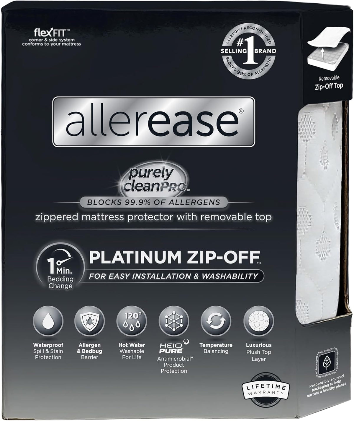 Protector de Colchón Impermeable AllerEase Platinum Queen | Cierre 360° Desmontable con Barrera de Partículas | Balance de Temperatura | Lavable a Máquina | Blanco