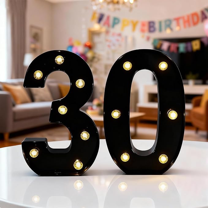 Números LED Marquesína 21,8 cm – Decoración 30 Cumpleaños, Boda y Aniversario | Negro