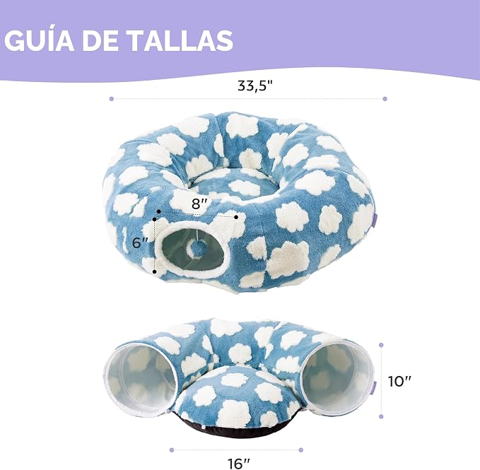 Cama de Túnel para Gatos Lesure - Juguetes de Túnel de Donut para Gatos Pequeños y Grandes con Cojín Circular Lavable, Juguete de Cueva para Mascotas para Gatito/Cachorro/Conejo, Nubes Acogedoras Azul