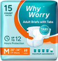 WhyWorry Adult Diapers with Tabs, Maximum Absorbency, Medium, 15 Count | Disposable Incontinence Briefs, for Women & Men, Leak-Proof Diaper, Overnight Protection, Odor Control, Unisex