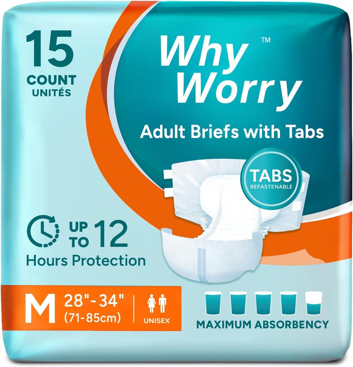 WhyWorry Adult Diapers with Tabs, Maximum Absorbency, Medium, 15 Count | Disposable Incontinence Briefs, for Women & Men, Leak-Proof Diaper, Overnight Protection, Odor Control, Unisex