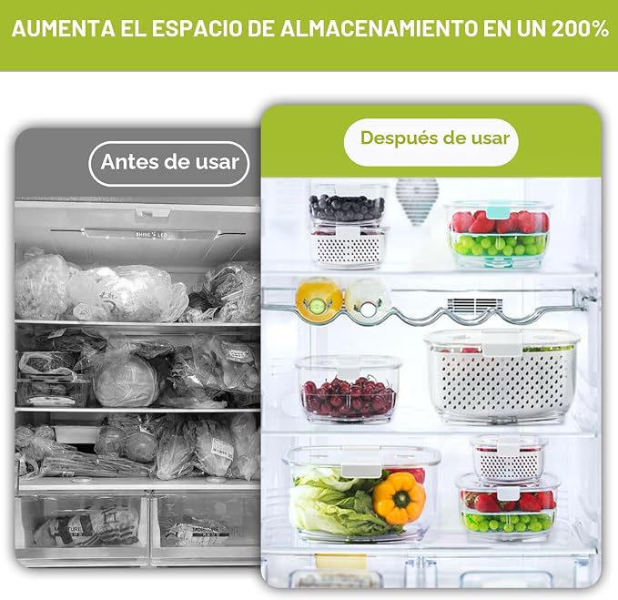 LUXEAR Recipientes de almacenamiento de frutas y verduras de productos frescos, juego de 3 piezas, sin BPA, contenedor de ensalada dividido, organizadores de refrigerador, utilizado para almacenar frutas y verduras, color blanco