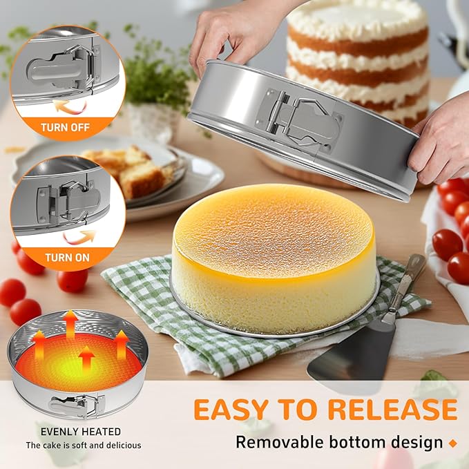ZeroPone Molde desmontable de acero inoxidable 304 de 9 pulgadas con fondo extraíble, molde redondo antiadherente para cheesecake con 30 forros de papel pergamino