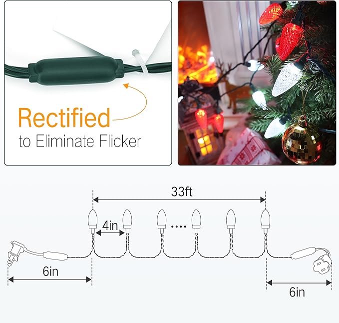 Brizled Luces de Navidad rojas y blancas, 33 pies, 50 luces LED facetadas C9 para exteriores, luz de árbol de Navidad enlazable, luz de Navidad para interiores, con certificación UL, impermeable, para techo de casa, Navidad, día de San Valentín, fiesta