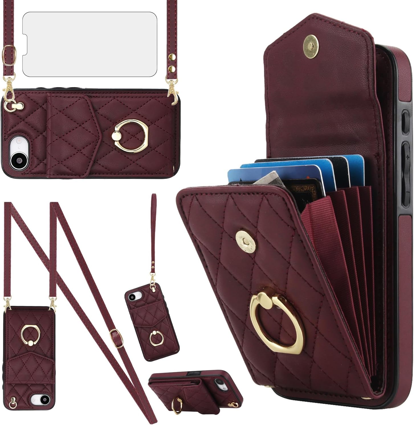 Phone Case for iPhone 16e/SE 2025/SE 4 Wallet Cover with Tempered Glass Screen Protector and Ring RFID Blocking Card Holder Cell i Phone16e i16e 16 e SE4 4th Generation 16eCase Women Girls Wine Red