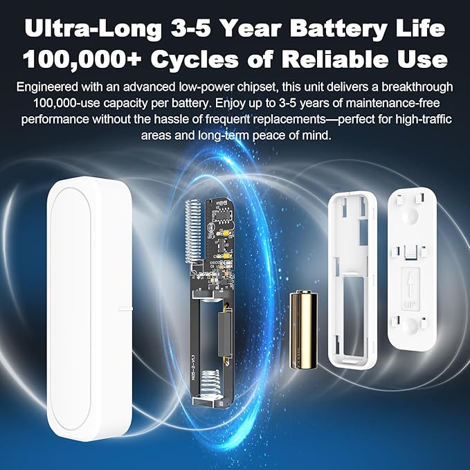 Satisure - Timbre de puerta inalámbrica con sensor de contacto abierto, alarma de alerta para negocios/tienda/hogar/dormitorio al entrar con rango de 600 pies, 58 campanillas, 5 niveles de volumen, indicadores LED
