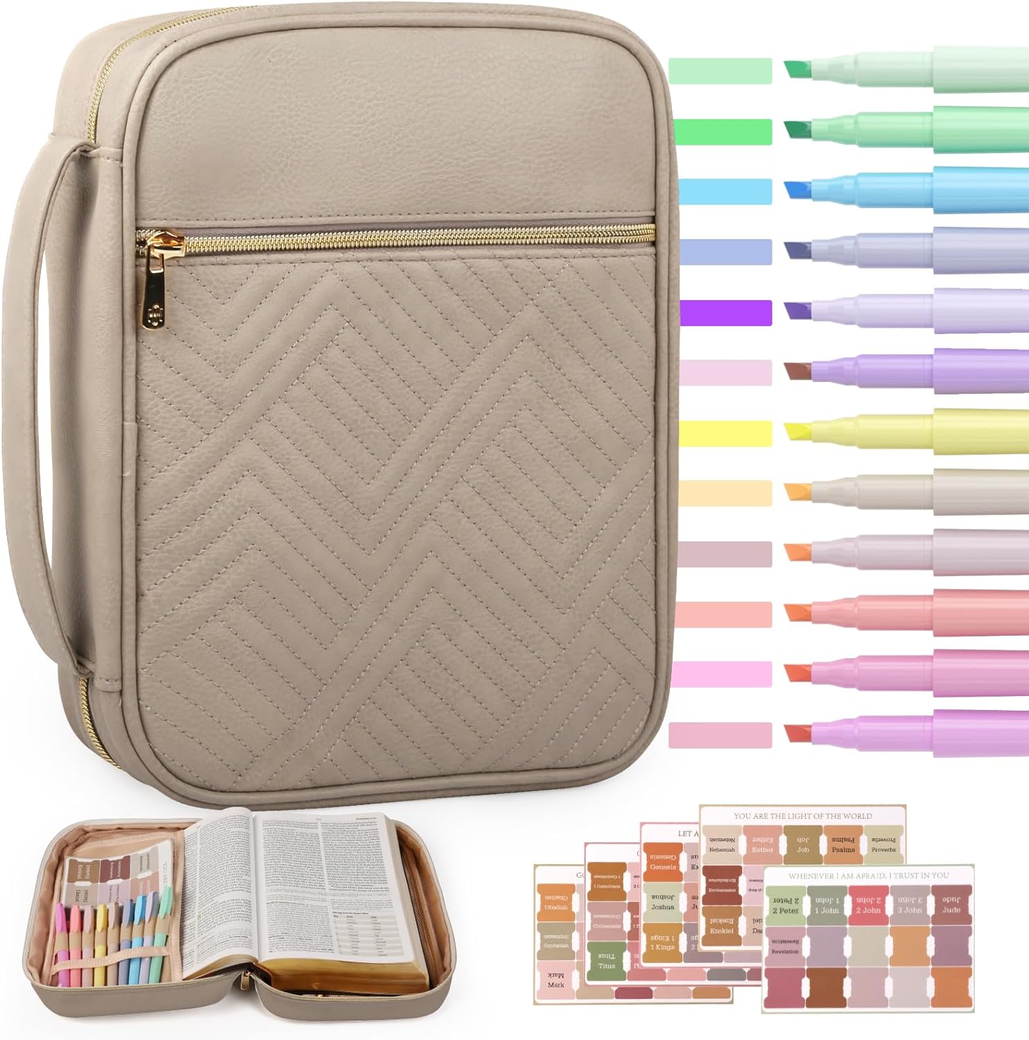 BellaHold Quilted Vegan Leather Bible Cover, Color-Blocked Bible Cover Case for Women, Bible Carrying Case with Handle, Bible Study Supplies & Christian Gift for Women and Girls (Desert Taupe, M/L)