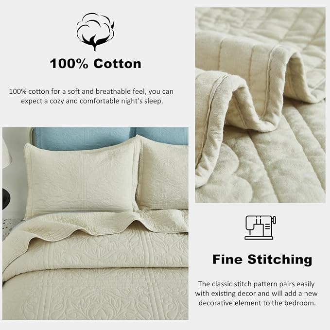 Juego de Colcha 100% Algodón Queen/Matrimonial – 90x98 Pulgadas, Color Beige, Super Suave y Ligera | 3 Piezas con 2 Fundas de Almohada