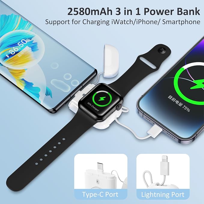 Cargador Portátil para Apple Watch, 2580mAh Llavero Power Bank para Apple Watch, Cargador Inalámbrico Magnético para Apple Watch Series 9/8/UItra/7/6/5/4/3/2/SE, Blanco