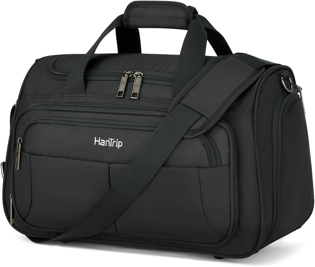 Bolsa de viaje plegable HanTrip para equipaje de mano, bolsas de viaje para artículos personales debajo del asiento en aviones, bolsa de viaje de fin de semana para hombres y mujeres, equipaje de mano pequeño de tela (negro)