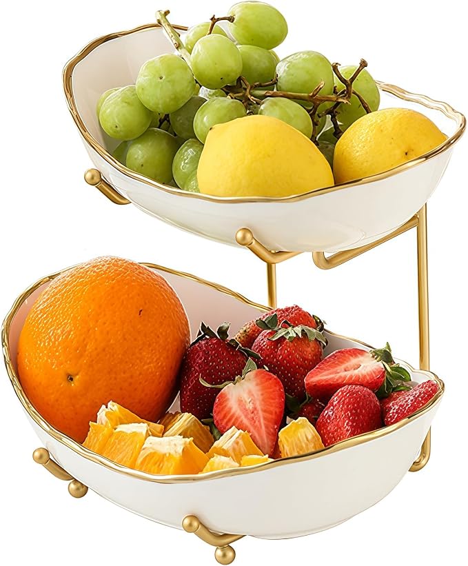 Frutero de 2 niveles, cesta de frutas de cerámica para encimera de cocina