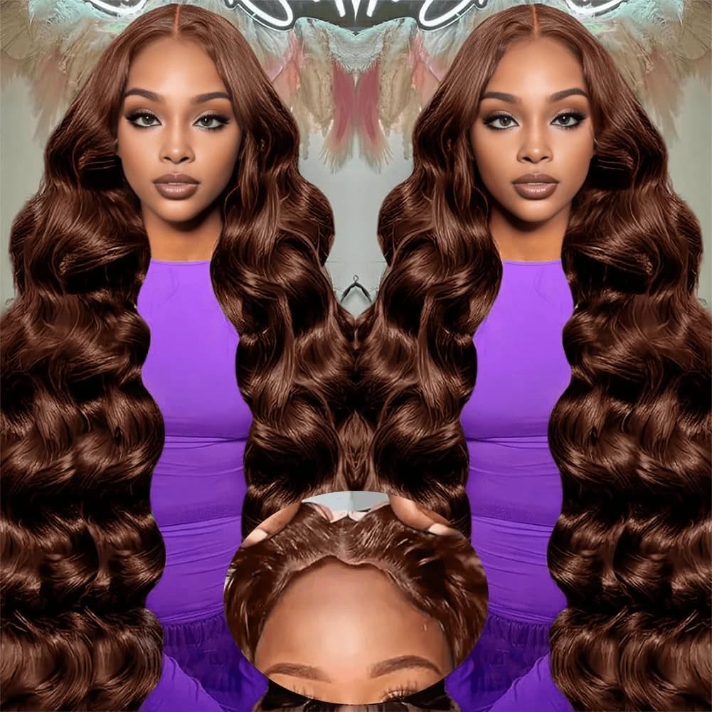 Peluca frontal de encaje marrón chocolate, cabello humano 9x6, pelucas marrones sin pegamento, cabello humano pre-depilado y pre-cortado, densidad 220, peluca sin pegamento lista para usar con cabello de bebé, peluca marrón de ondas corporales de 26