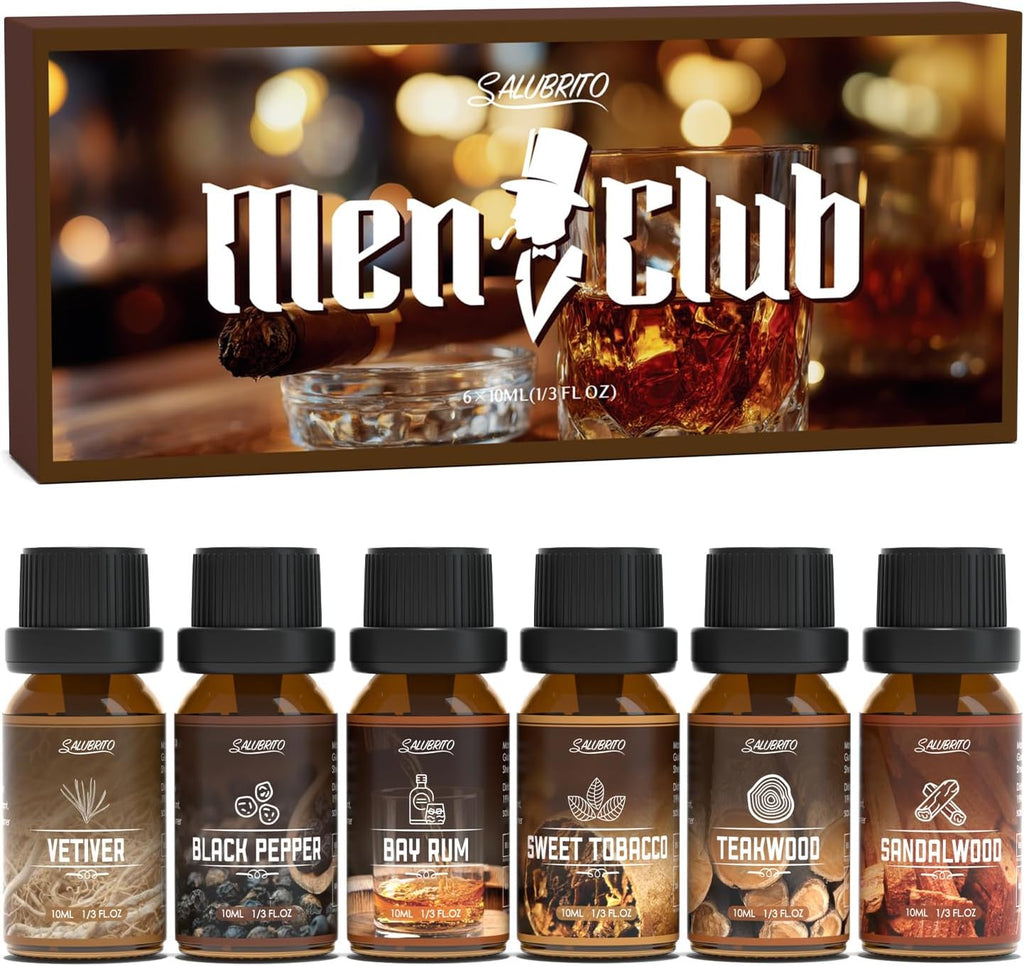 Set Aceites Esenciales SALUBRITO Men's Club — 7 Fragancias Masculinas para Difusor, Jabón y Velas: Sandalwood, Teakwood, Tabaco y Más