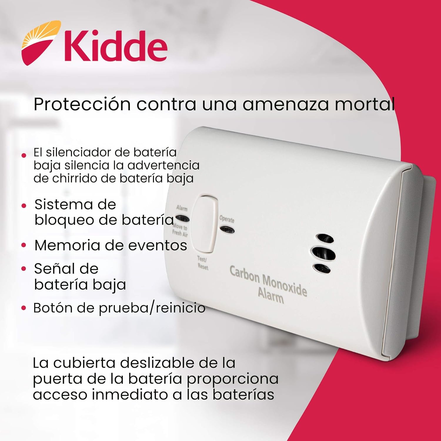 Kidde - Detector de monóxido de carbono, alarma de CO alimentada por batería con LEDs, botón de prueba y reinicio, indicador de batería baja, portátil