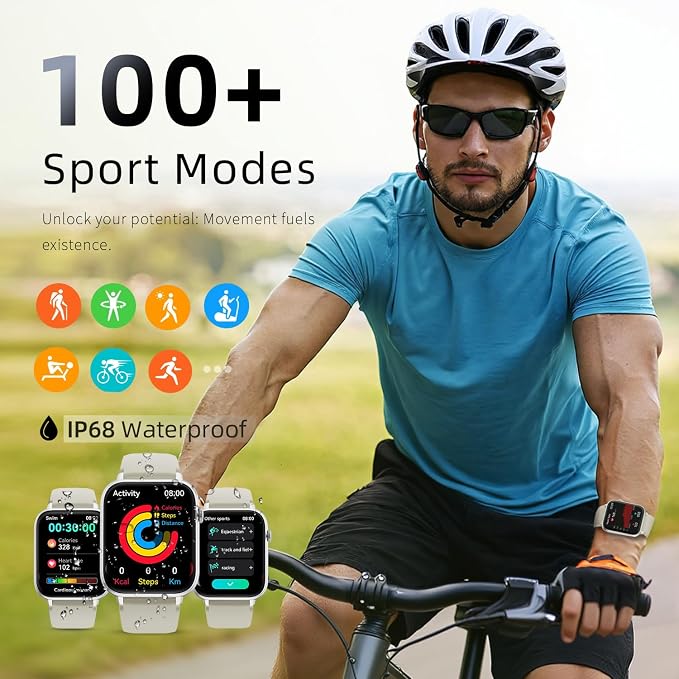 Reloj inteligente para hombre y mujer, pantalla táctil HD de 1,85", función de llamadas y mensajes, más de 100 modos deportivos, monitor de actividad física IP68, monitor de frecuencia cardíaca y sueño 24/7, compatible con Android e iOS (blanco).