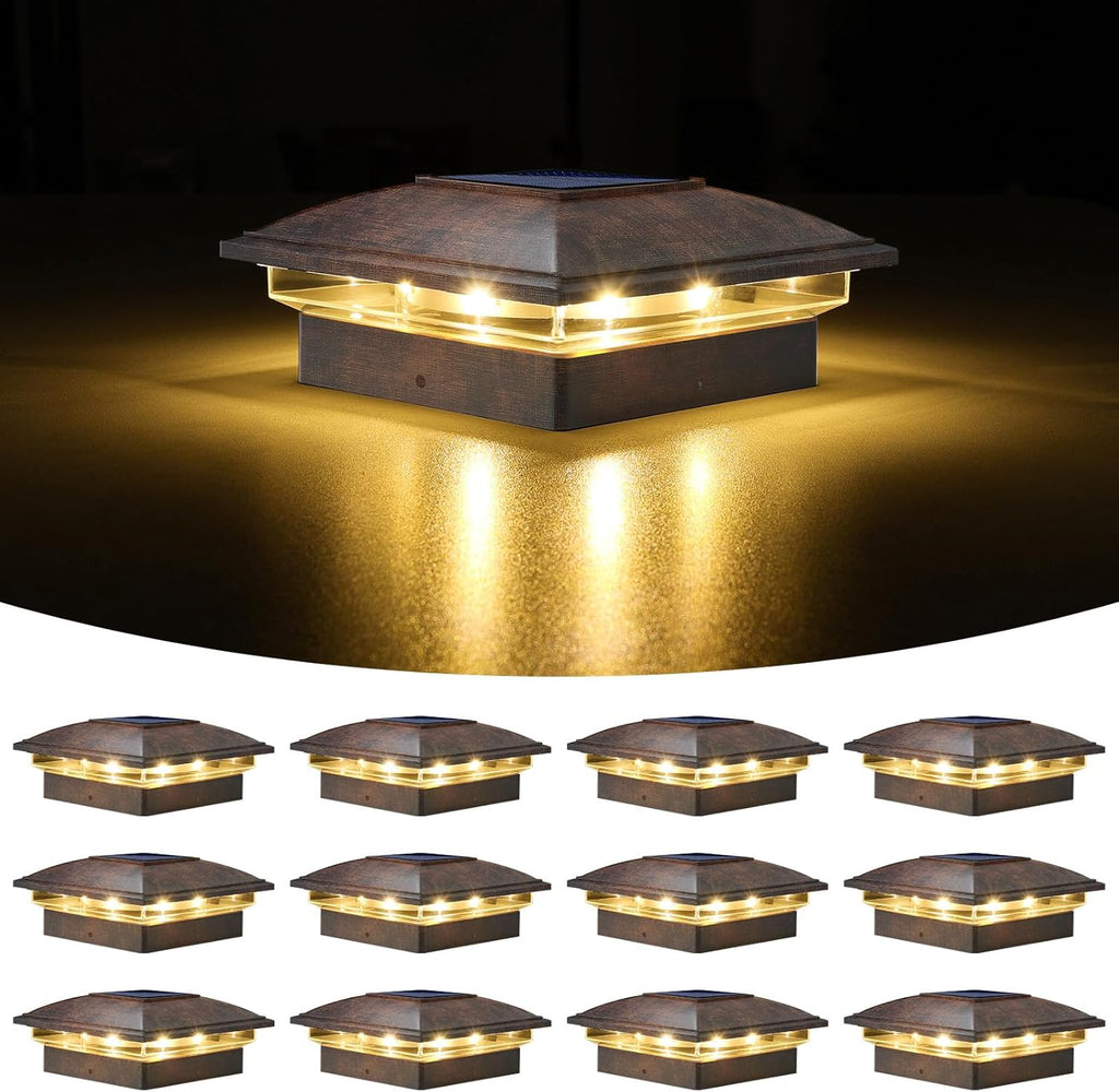 Luces Solares Tapa Poste VOLISUN 12 Piezas, Luces Poste Impermeable Postes 10x10 cm Madera/Vinilo, Blanco Cálido/Frío, Jardín Patio Porche