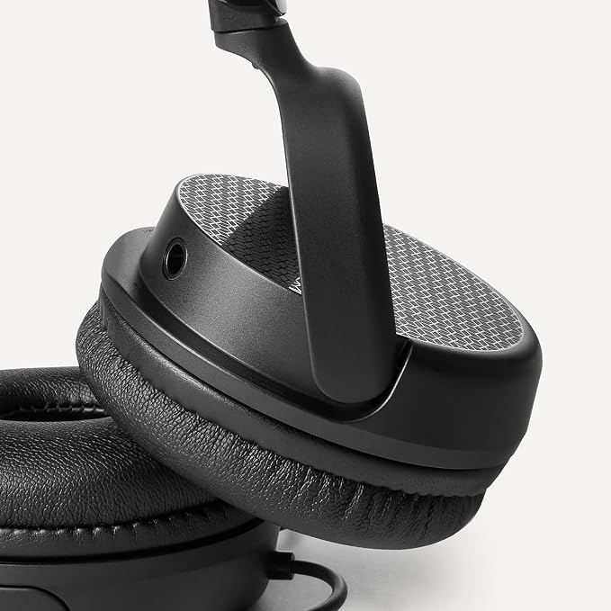 Auriculares supraaurales para ordenador Amazon Basics con cable, micrófono ajustable, conexión de 3,5 mm, control por cable con USB-A, plegables, ideales para oficina, smartphone, PC y portátil. Color negro.