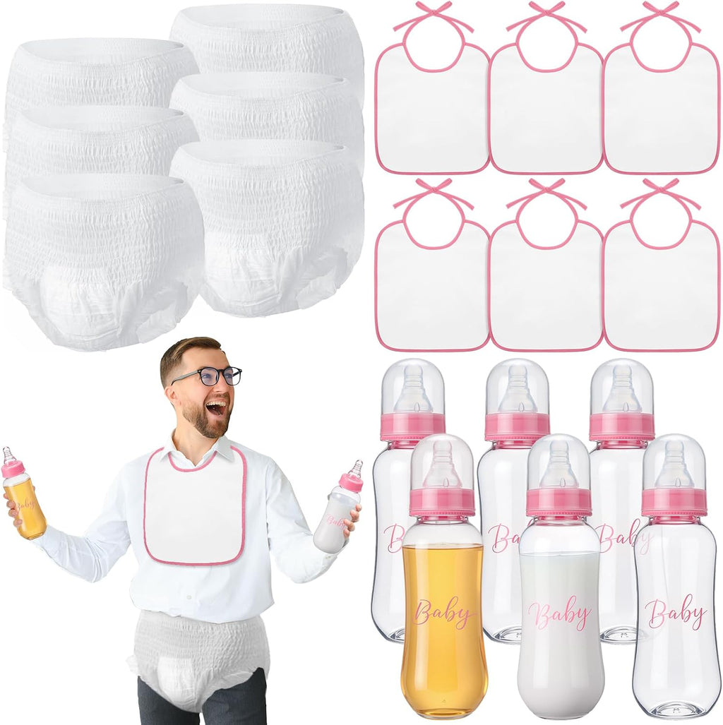 6 Sets de Juegos para Baby Shower | Biberones de Plastico, Baberos y Panales Desechables | Juegos de Revelacion de Genero y Carrera de Cambio de Panal | Rosa