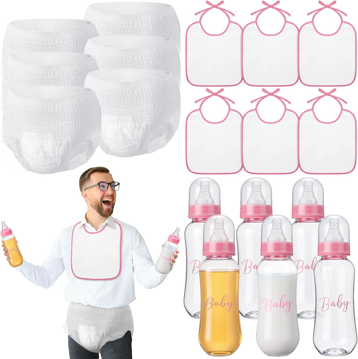6 Sets de Juegos para Baby Shower | Biberones de Plastico, Baberos y Panales Desechables | Juegos de Revelacion de Genero y Carrera de Cambio de Panal | Rosa