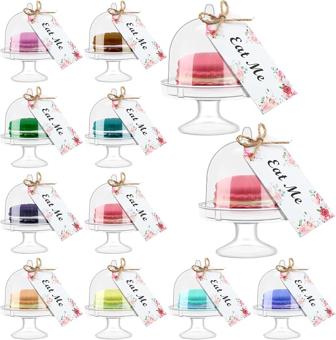 Maxcheck Juego de 12 mini soportes para tartas con tapa, placa de plástico para cupcakes, cubierta de cúpula de té, cúpula de pastel, bandeja transparente para postres con etiquetas Eat Me para cumpleaños, bodas, suministros de fiesta