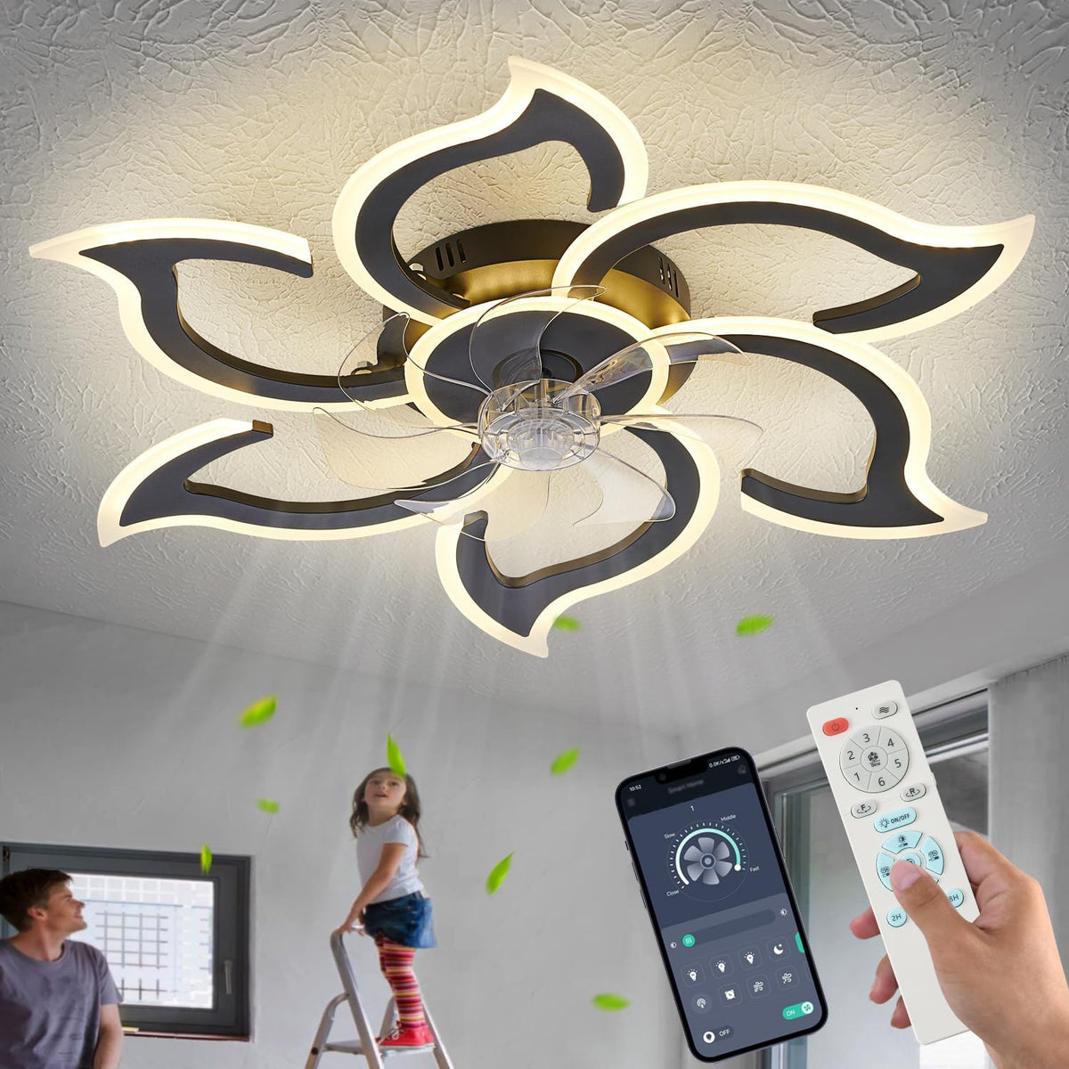 Ventilador de Techo haodengshi 35" Negro Moderno con Luz y Control Remoto | 3 Colores de Luz | 6 Velocidades | Bajo Perfil para Recámara y Cocina