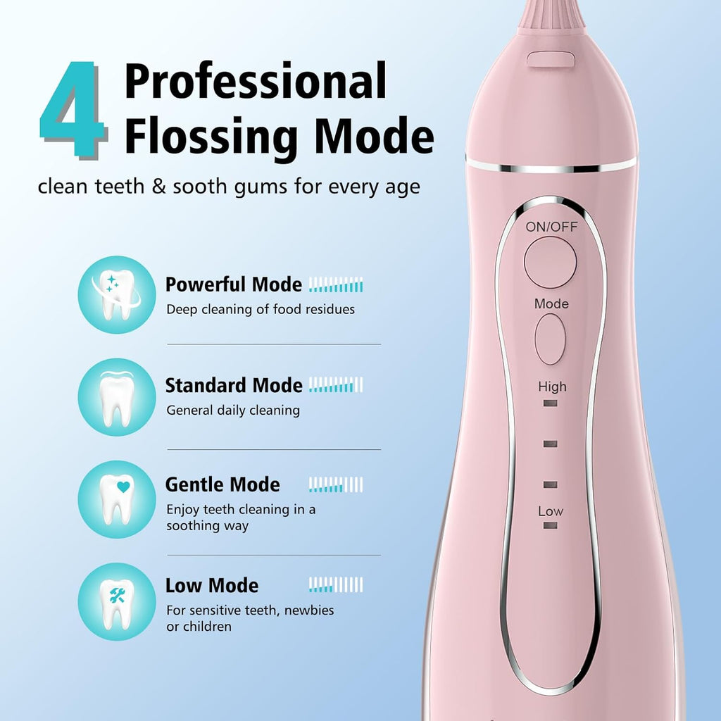 Irrigador Oral Portátil Leominor 300ml — Recargable, IPX7, Tanque Removible, Rosa