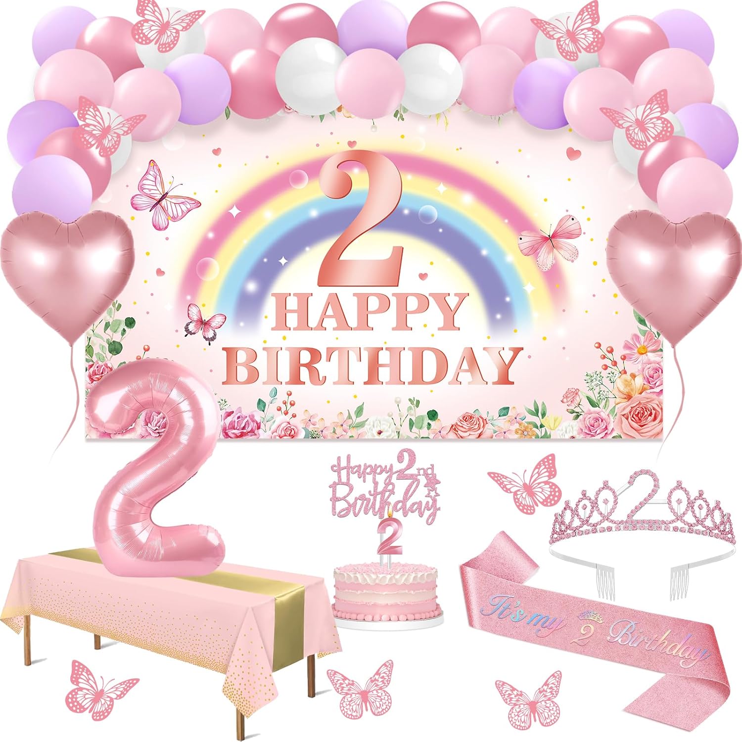 15th Birthday Decorations for Girls, Including 15th Birthday Banner, Rose Gold Tablecloth, Balloons, Sash and Tiara, Cake Topper and Candles