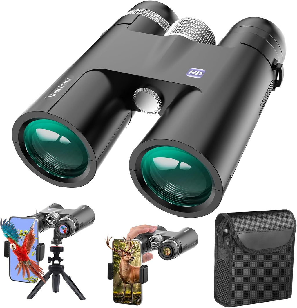 Binoculares Profesionales 18x50 Vista Amplia Adultos, Adaptador Teléfono, Trípode, Resistentes Agua, Prismas BaK4, Observación Aves