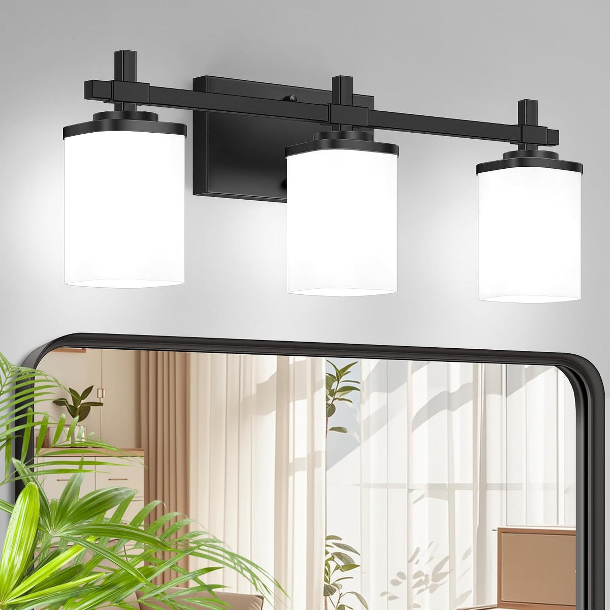 Lámpara de Tocador Spiglamm 3 Luces | Negro con Pantallas Vidrio Esmerilado Blanco | Baño Dormitorio Sala | Iluminación de Pared Moderna | 1 Unidad
