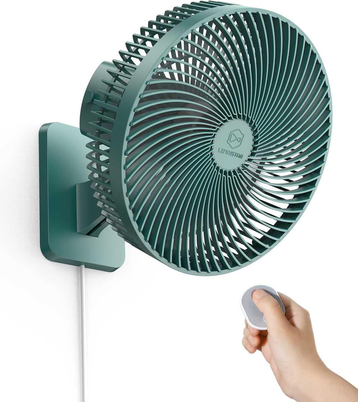 Ventilador de pared LEMOISTAR de 10 pulgadas con control remoto, oscilación de 90°, 4 velocidades, temporizador de 4 velocidades, inclinación ajustable, cable de 70 pulgadas, silencioso, para dormitorio, garaje, caravana, oficina, hogar y patio - Verde