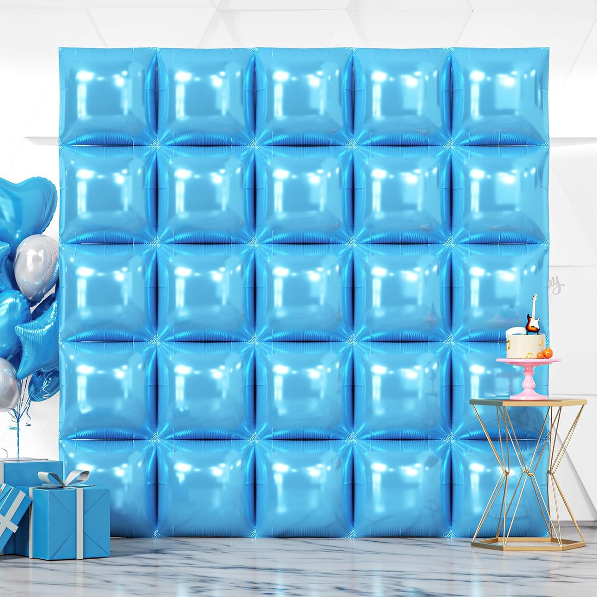 NISOCY 25 globos cuadrados de papel de aluminio azul perla, fondo de pared, kit de arco de túnel de globos azul claro de doble cara para decoraciones de fiestas de cumpleaños, baby shower, despedida de soltera, boda, aniversario, compromiso y graduación.