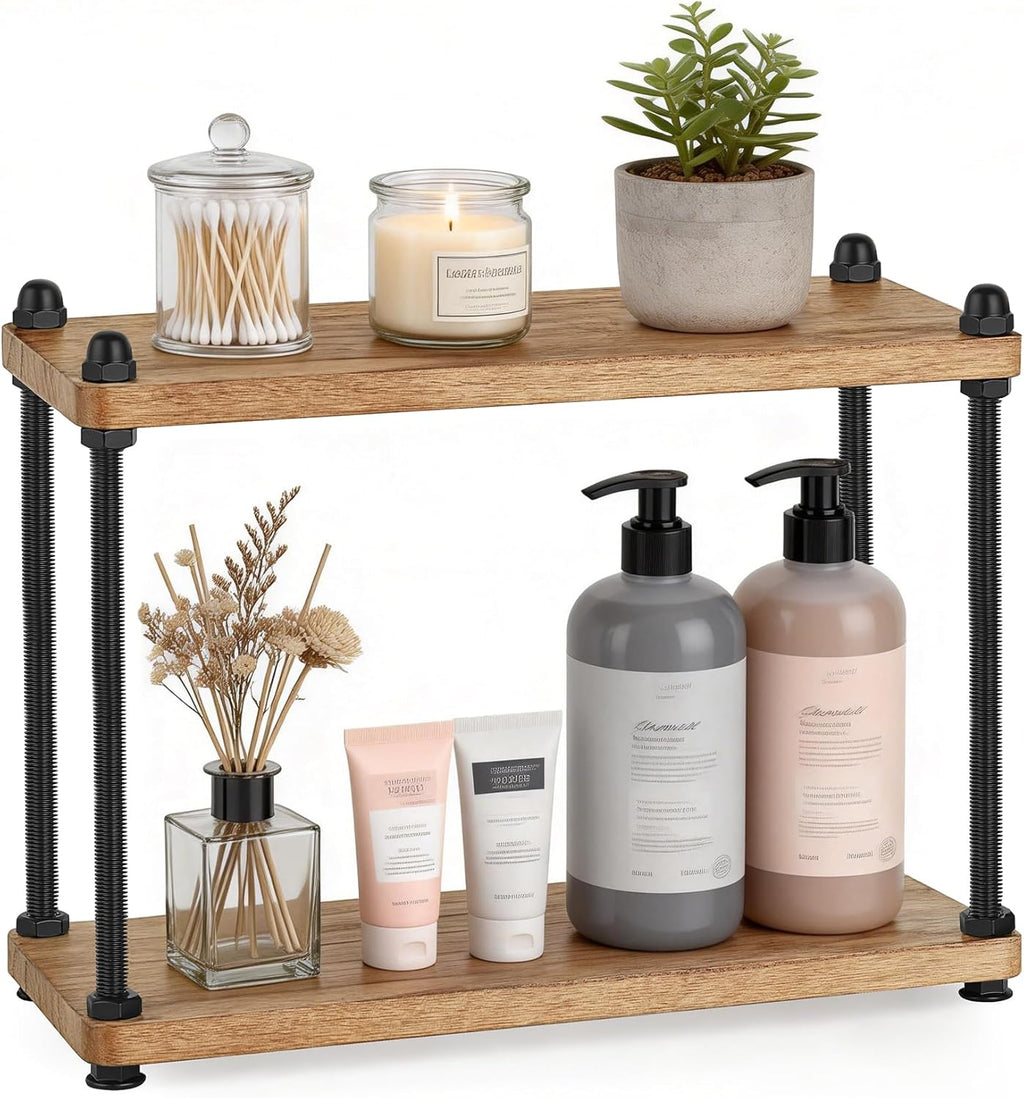 Mkono Organizador de Encimera de Bano 2 Niveles | Estante de Madera para Vanidad, Skincare y Maquillaje | Decoracion Rustica, Marron Claro