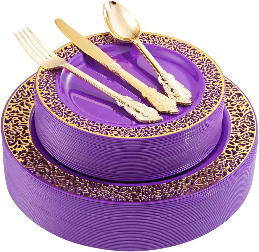 U-QE Juego de 150 platos de plástico morado y dorado con cubiertos dorados, ideales para fiestas y bodas. Incluye 30 platos llanos de 26 cm (10,25"), 30 platos de ensalada de 19 cm (7,5"), 30 tenedores, 30 cuchillos y 30 cucharas.
