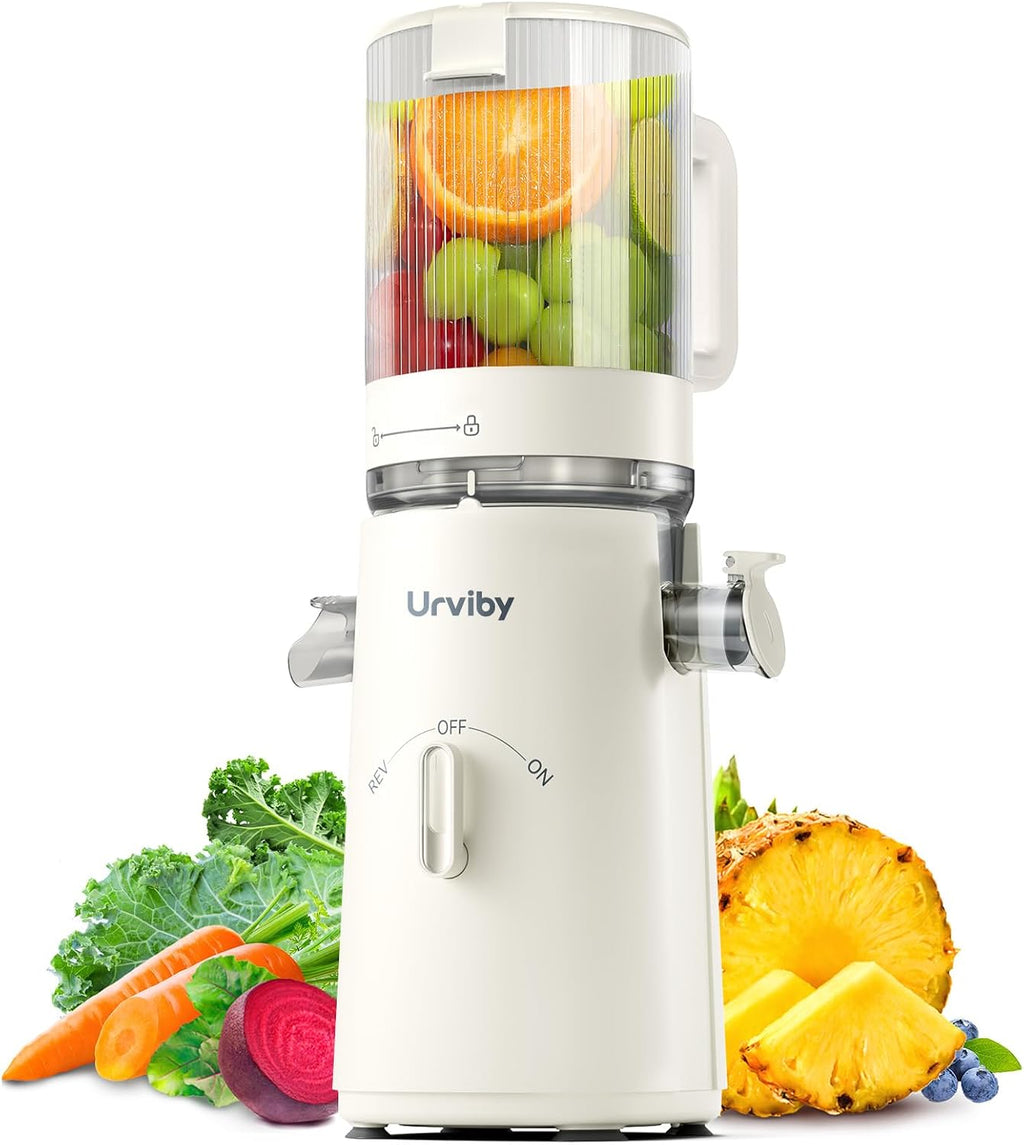 USADO-Máquinas exprimidoras, 2 en 1 exprimidor de prensa en frío para jugo y sorbete, apto para verduras y frutas con canal de 5 pulgadas de ancho, potente masticación/alto rendimiento de alto rendimiento, modo Rev, limpieza más fácil (blanco hueso)