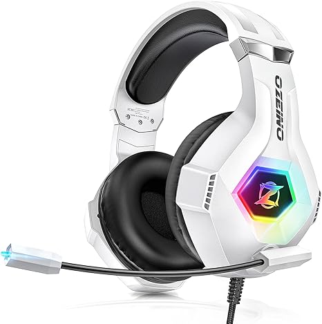 Ozeino - Audífonos para juegos para PC, PS4, PS5, auriculares Xbox con sonido envolvente 7.1, auriculares para juegos con micrófono con cancelación de ruido, luz LED, auriculares de diadema