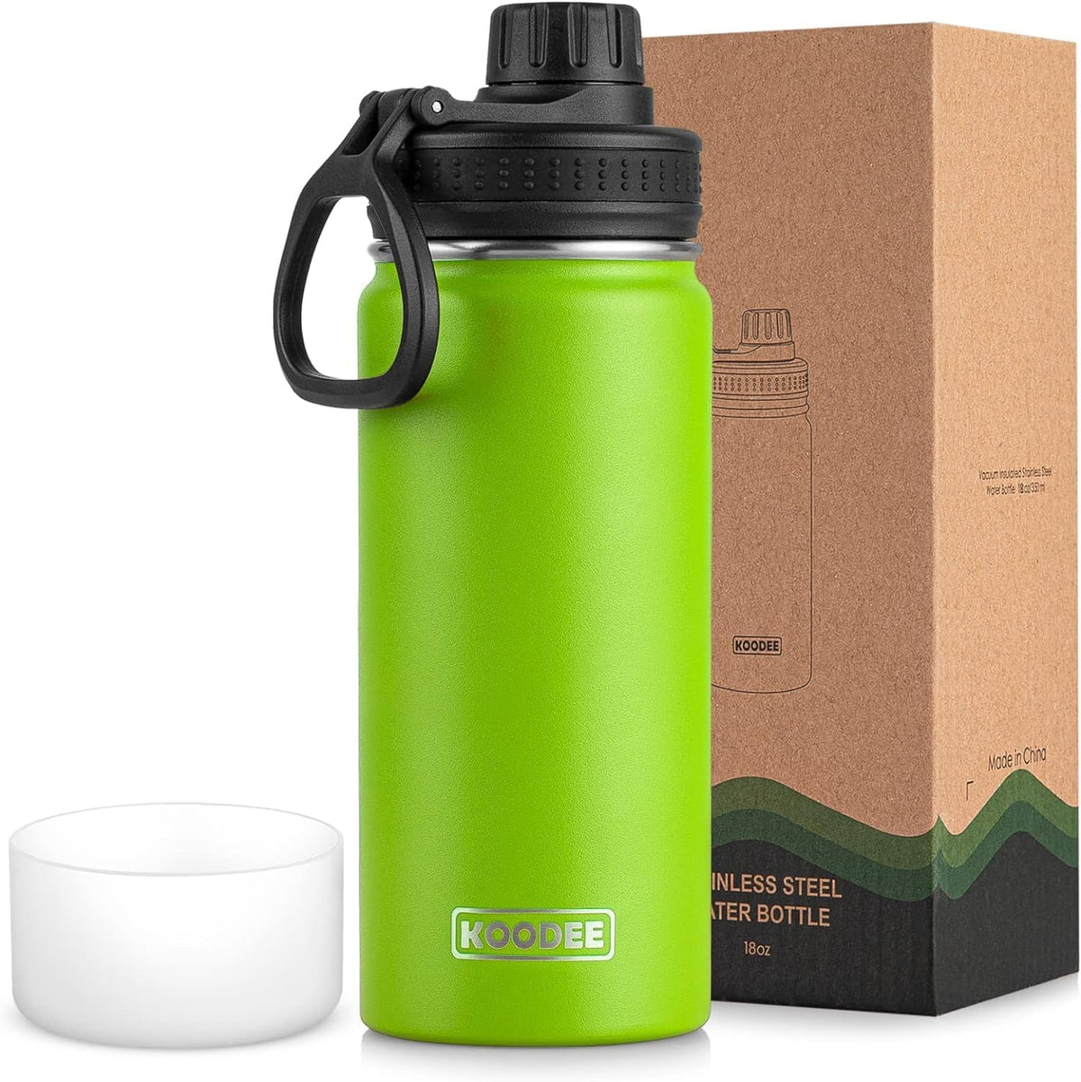 Color Negro – Botella de Agua Koodee 473 ml (16 oz) | Acero Inoxidable Doble Pared Aislada al Vacío | Boca Ancha, Tapa Antigoteo