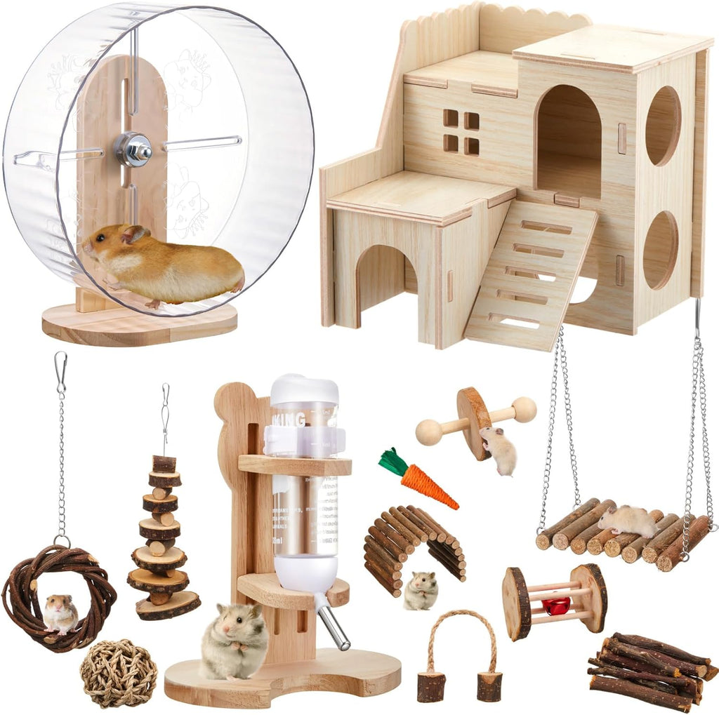 Sonwyoung 18 Pcs Hamster Toys Set, 10 Kinds Small Animal Chewing Toys, Maze Wood House, Silent Exercise Running Wheels and Water Bottle Set for Hamster Habitat Rat Cage Accessories(Mixed Play Style)