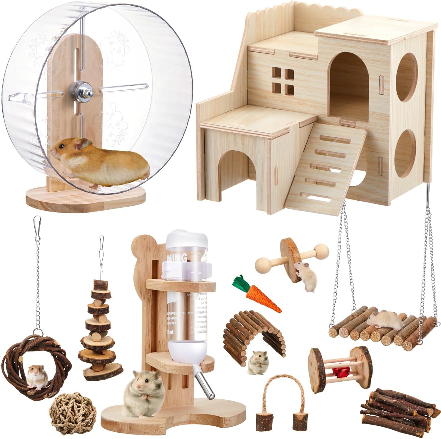 Sonwyoung 18 Pcs Hamster Toys Set, 10 Kinds Small Animal Chewing Toys, Maze Wood House, Silent Exercise Running Wheels and Water Bottle Set for Hamster Habitat Rat Cage Accessories(Mixed Play Style)