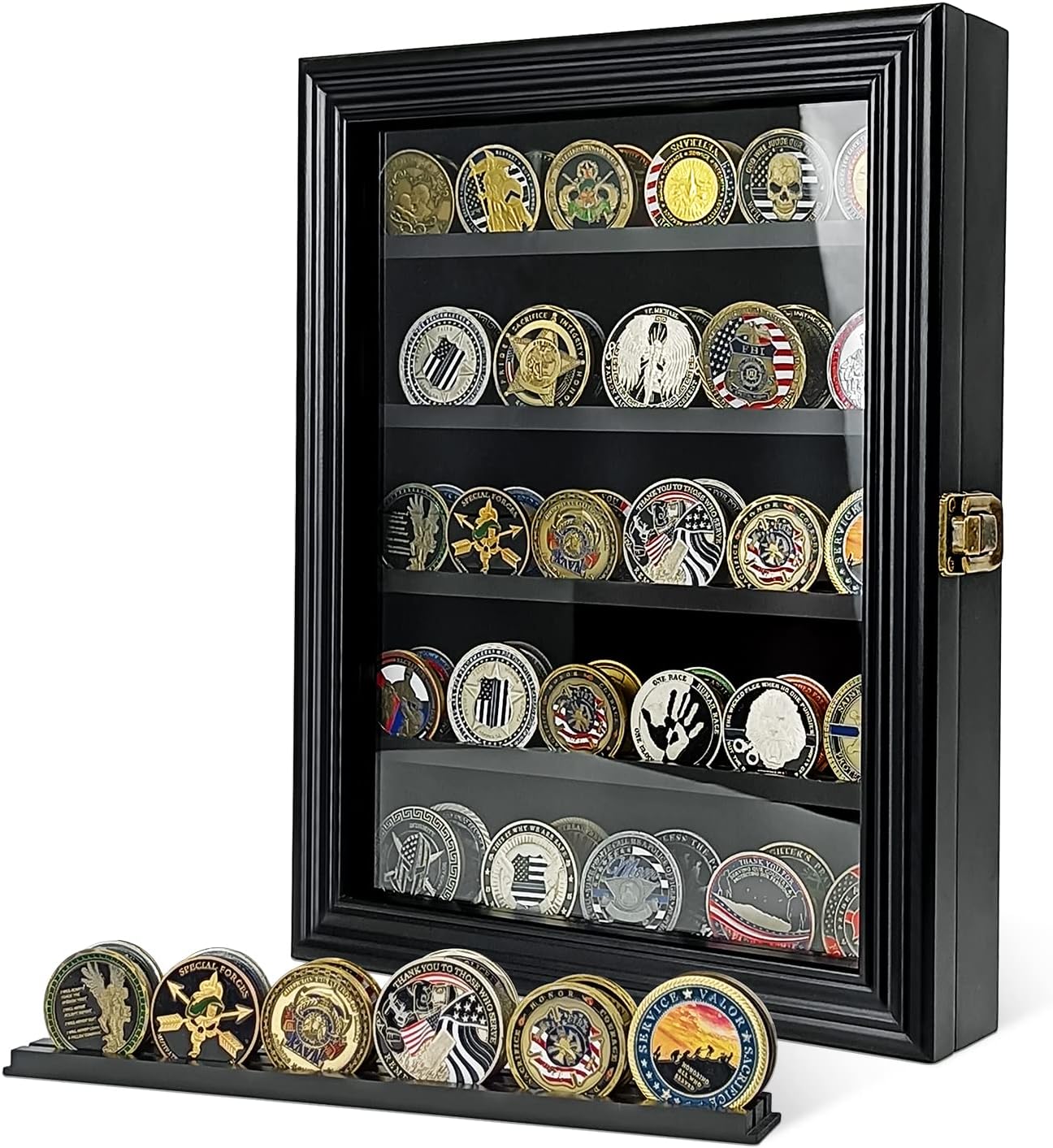 Military Challenge Coin Display Case Holder with HD Toughened Glass and Wall Mount, Wooden Coin Stand Rack with Removable 2 Grooves Shelves for Poker Chips Collectibles, Blackâ€¦