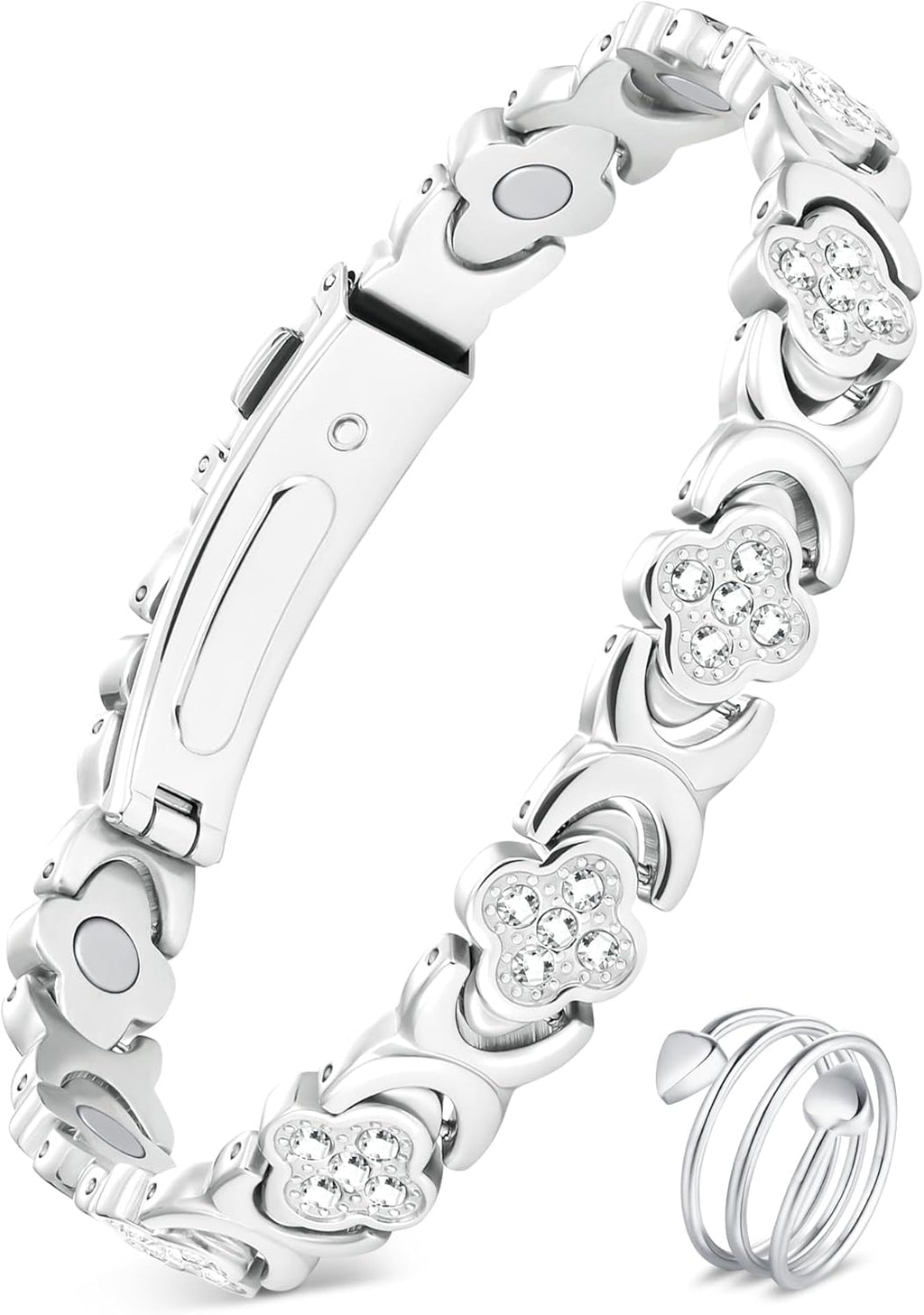 Feraco Pure Copper Bracelets & Rings for Women, Ultra Strength Magnetic Bracelet for Women with Neodymium Magnets & Sparkling Cubic Zirconia, Adjustable, Infinite Clover Jewelry (Silver)