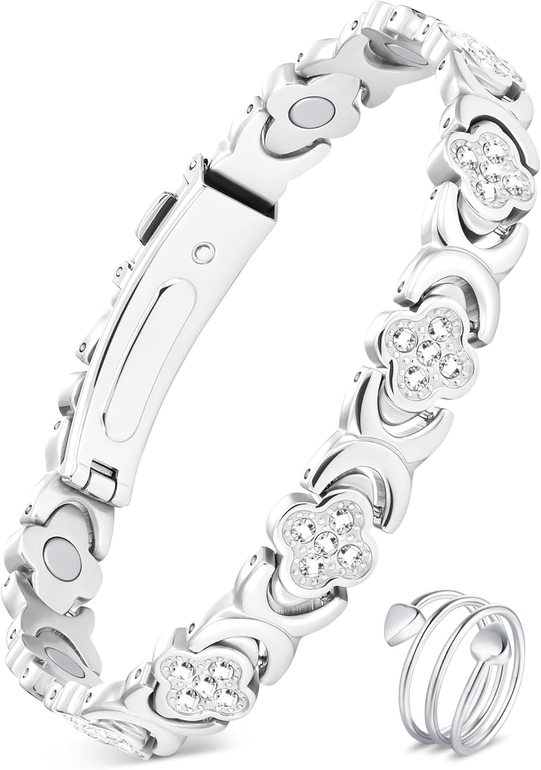 Feraco Pure Copper Bracelets & Rings for Women, Ultra Strength Magnetic Bracelet for Women with Neodymium Magnets & Sparkling Cubic Zirconia, Adjustable, Infinite Clover Jewelry (Silver)