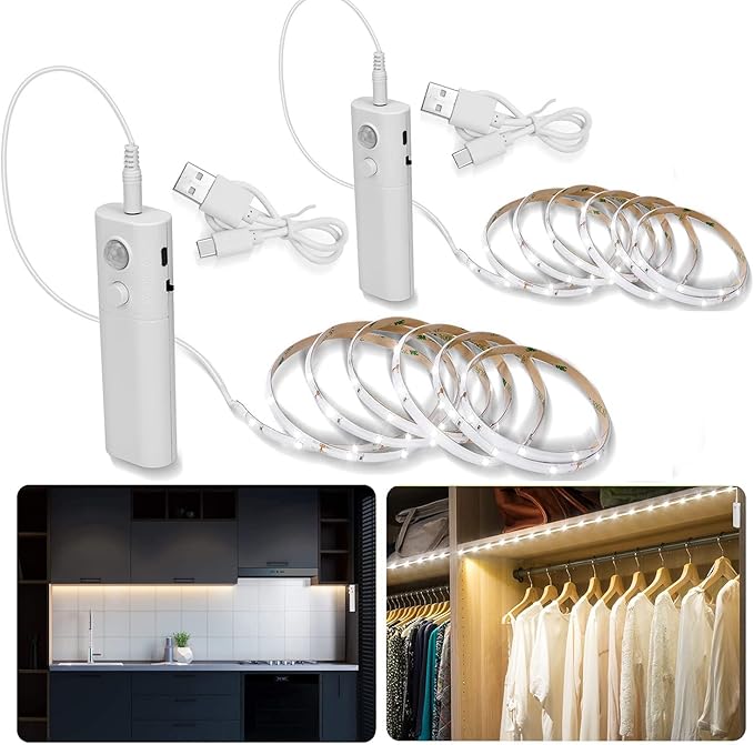 Pack 2 Tiras LED con Sensor de Movimiento Recargables – 30 LED Blanco Frío 6000K