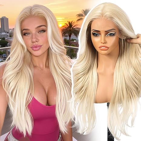 Peluca Rubia Sintética KOME Lace Front 13x4 HD – Ondas en Capas Sin Pegamento 26 Pulgadas para Uso Diario