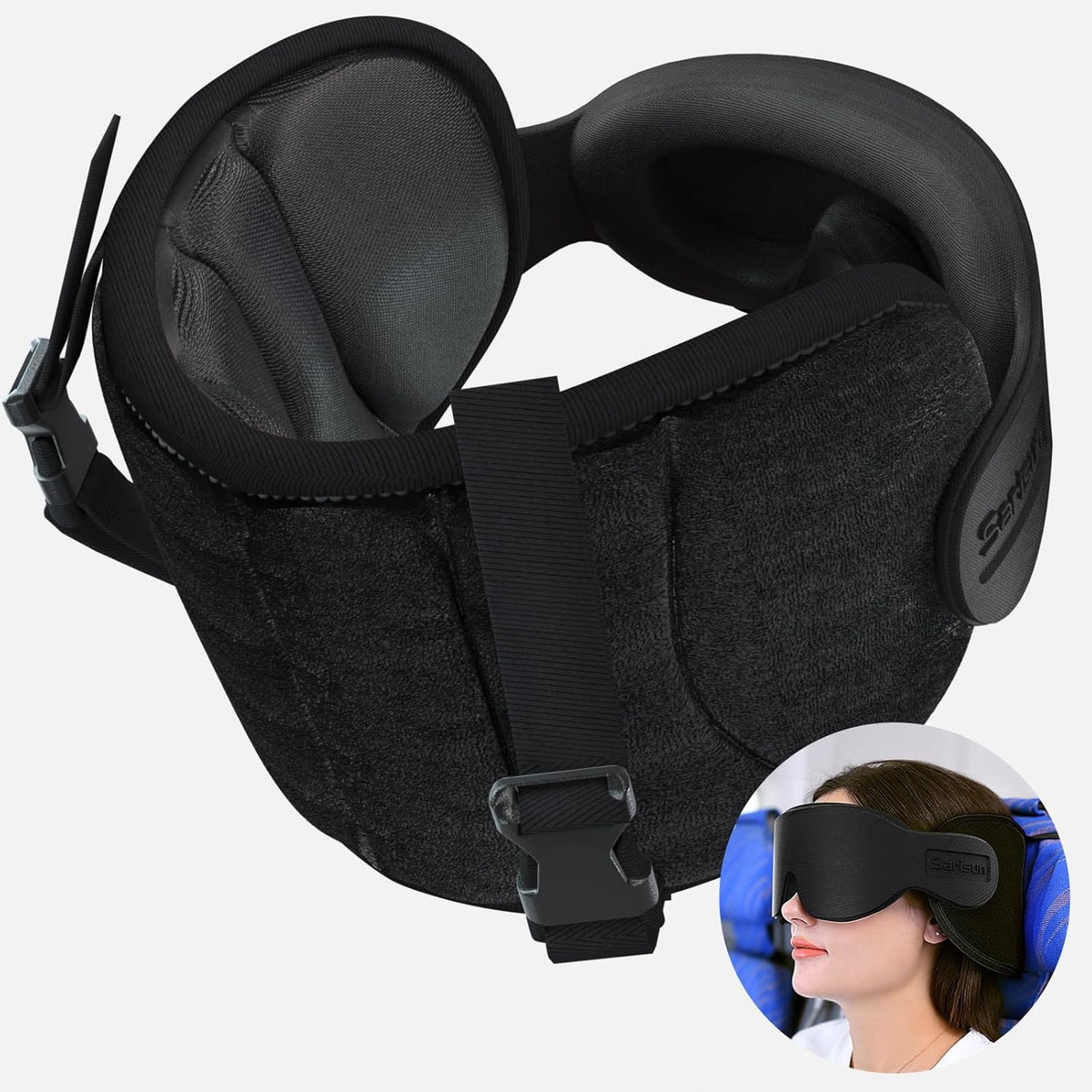 Almohadas de viaje SARISUN para aviones, almohada de avión para vuelos largos, correa para la cabeza con antifaz para dormir, almohada de viaje para el cuello para viajes en coche, reposacabezas con soporte de 360°, cabezón ajustable, color negro.