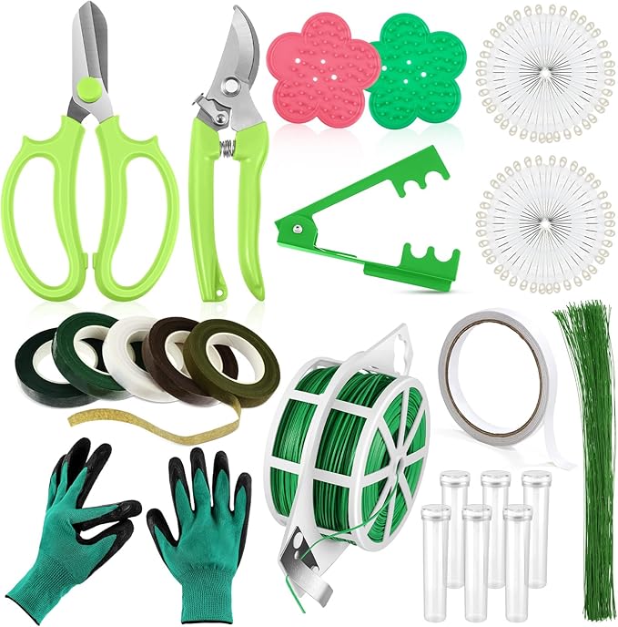 WILLBOND Regalos para mamá mujer, kit de herramientas de arreglo floral, guantes de podadora para eliminar espinas de rosas, calibre 22/26, vástago de pala, ramillete de perlas, tijeras de podar, herramienta de floristería (verde AGUA)