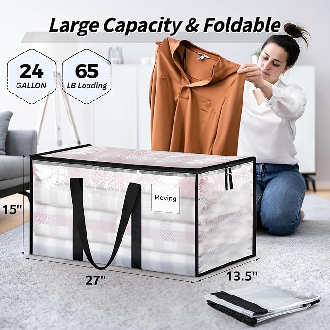 Bolsas de Mudanza Extra Grandes Ukeetap – 6 Pack, Transparentes con Tapa, Asas Reforzadas y Cremallera, 24 Galones