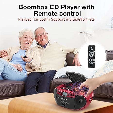 Boombox Portátil G Keni — Reproductor CD y Casete con Radio AM/FM, Bluetooth 5.1, USB y Control Remoto (Rojo)