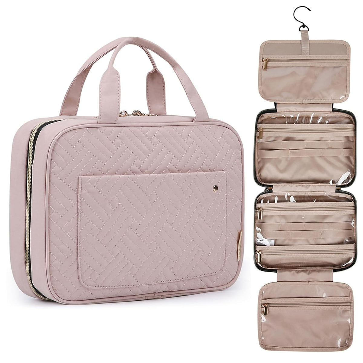 Neceser de Viaje BAGSMART Rosa Bebé Mediano – Con Gancho para Colgar, Resistente al Agua, Organizador de Maquillaje y Artículos de Aseo