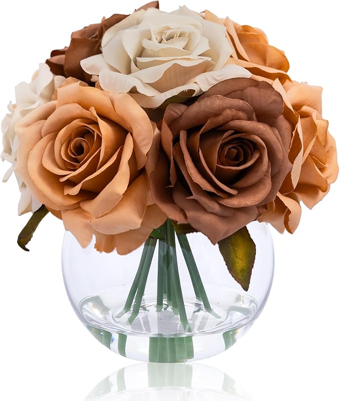 Arreglo Floral Artificial con Rosas de Seda y Jarrón con Agua Falsa — Decoración Elegante para Hogar y Eventos