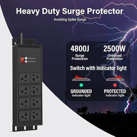 Regleta Industrial CCCEI 20 AMP con Protector de Sobretensón — 8 Tomas, Cable 10 Pies, Calibre 12, Uso Taller y Garaje
